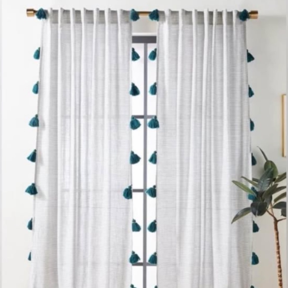 Anthropologie Mindra curtain grey stripes, dusk blue pom tassels, 84" x 50"